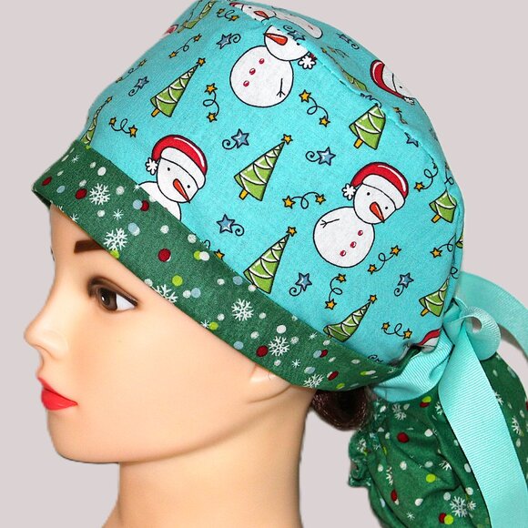 Womens Ponytail Scrub Cap Frost Friends Snowman - Handmade - Picture 4 of 7